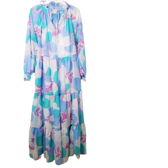 J Marie Mia Rae Long Sleeve Maxi Dress Floral Print Blue Teal Pink   S - Picture 2 of 16